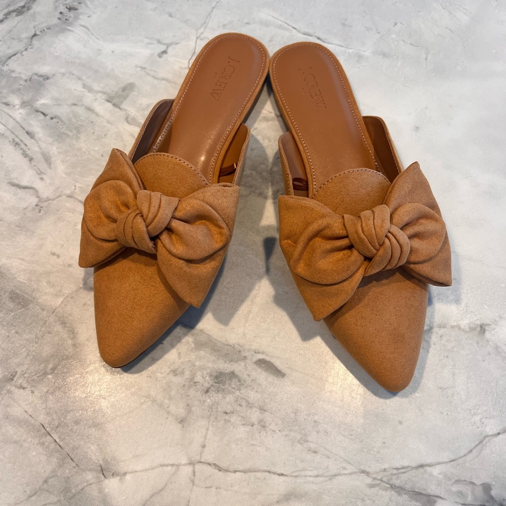 J Crew tan suede mules with bow